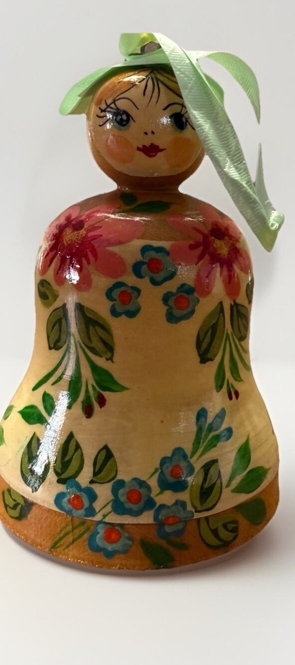 Vintage Hand Painted And Carved Wooden Russian Bell Girl 3"
